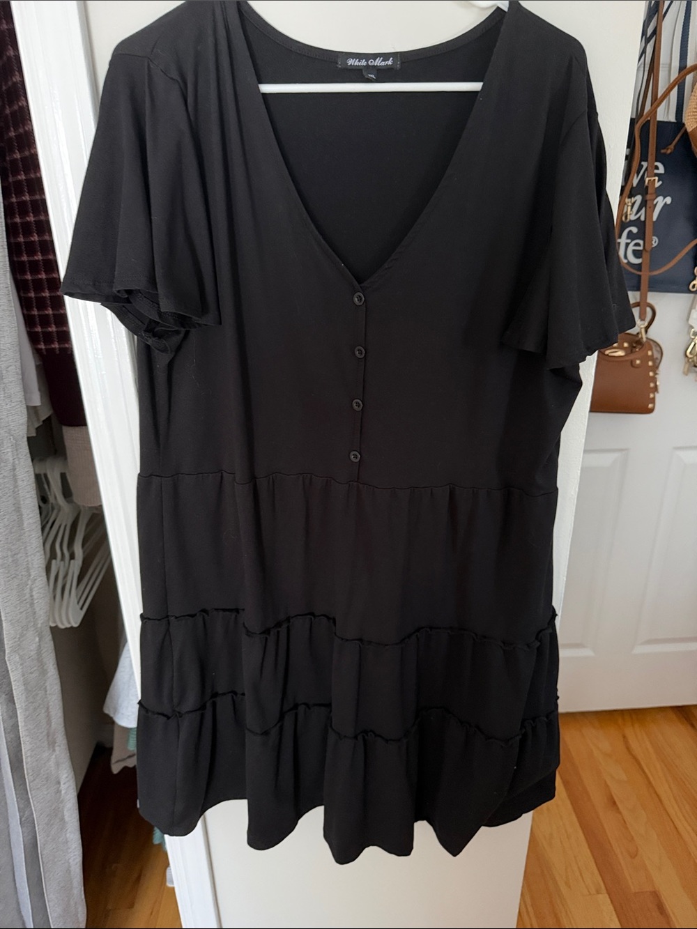 White Mark Black V-Neck Tiered Button Tunic